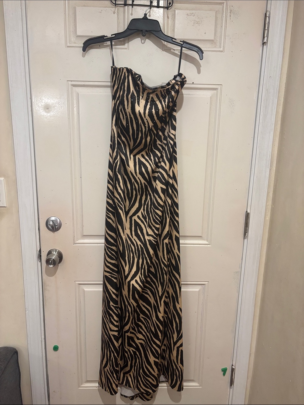 Jessica McClintock Black and Gold Zebra-Print Satin Maxi Gown